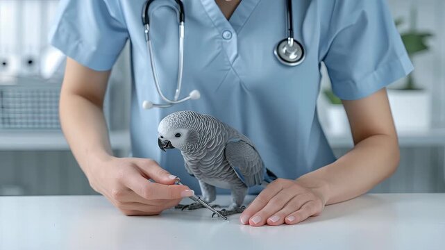 A caring professional examines a parrot during a routine health check, ensuring the bird's well-being in a clean clinic environment