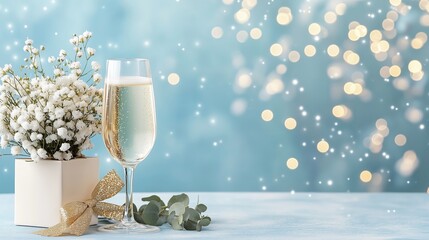 Elegant champagne flute with white flowers and a gold bow on a festive blue background with bokeh lights