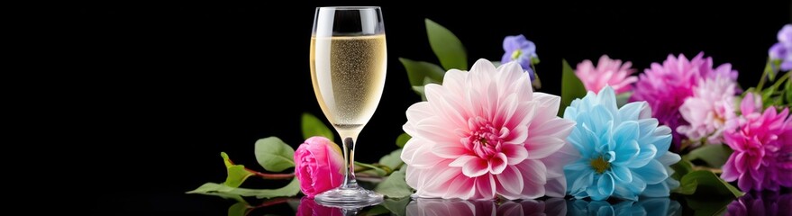 Fototapeta premium Elegant Champagne Glass with Vibrant Dahlia and Rose Flowers on Black Background