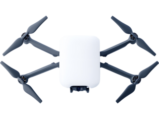 White quadcopter drone with camera, isolated on transparent background, ideal for technology visuals, aerial content themes, drone service ads, and modern gadget designs.