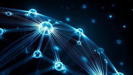 Glowing blue nodes connecting via digital lines in a futuristic neural network 3D animation, representing artificial intelligence and global data transfer. - Powered by Adobe