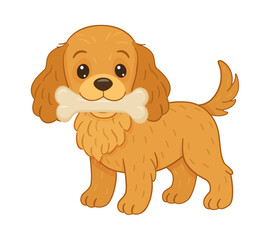 Cocker spaniel standing with large bone in mouth. brown fur, floppy ears, friendly expression. Flat style vector illustration. For pet food, dog treats, animal appetite themes, stickers, story books.