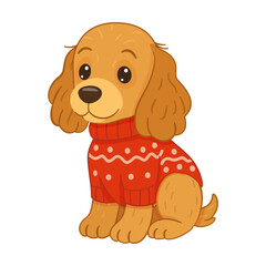 Cocker Spaniel sitting, dressed in festive red Christmas sweater with white pattern. Flat style vector illustration. Ideal for holiday greeting cards, winter pet themes, cozy seasonal graphics.