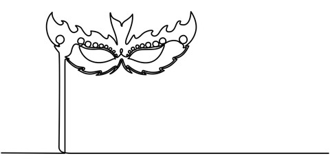 Elegant continuous one line drawing of a feathered masquerade mask emblematic of mystery and celebration vector. 