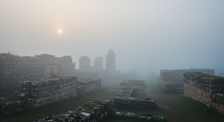 Ancient stone ruins disappear into the heavy atmospheric mist at sunrise