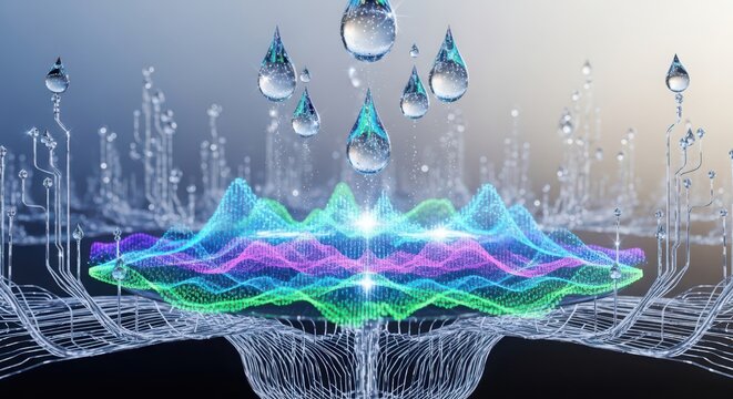Water drops falling on glowing digital landscape with circuit board elements image