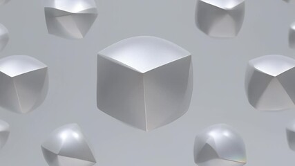 Glossy silver geometric shapes morphing and rotating in a seamless 3D animation loop, creating a modern abstract technology background - Powered by Adobe