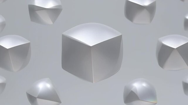 Glossy silver geometric shapes morphing and rotating in a seamless 3D animation loop, creating a modern abstract technology background