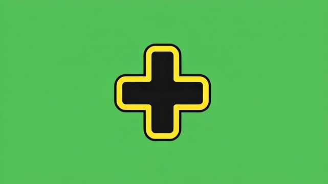 A simple black plus sign with a yellow outline on a green background, symbolizing health or addition