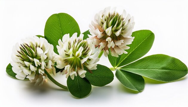 White Clover Flowers With Green Leaves Isolated On White Background - Powered by Adobe