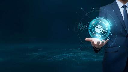 "Business Professional Holding Transparent Cube Hologram — Digital Product Packaging, 3D Icon, Enterprise Tech and Blockchain Concept"

