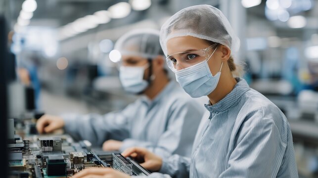 A clean-room facility where engineers carefully craft high-tech components using non-toxic chemicals and closed-loop filtration systems — sustainable chemical management, safe manufacturing - Powered by Adobe