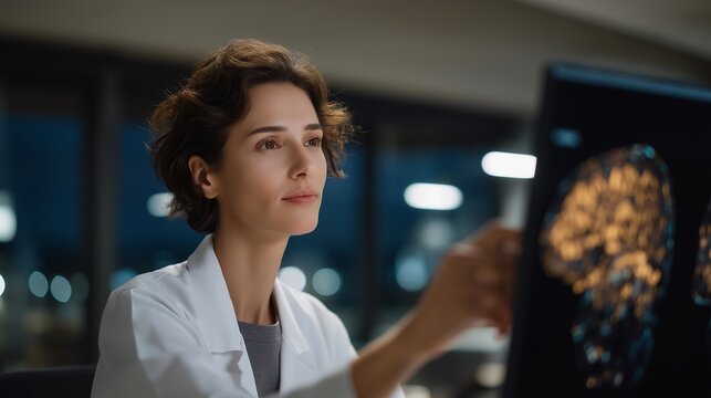 A medical researcher examining a brain scan heatmap showing neural activity patterns in bright gradients, using AI tools to study cognitive function and early disease detection — neuroscience - Powered by Adobe