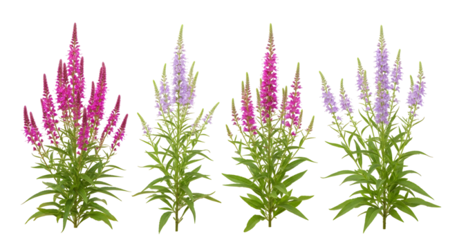 Pink and purple flowering plants with green leaves on a white background