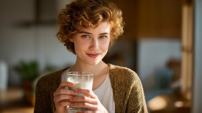 A woman stirring collagen powder into her morning smoothie in a bright kitchen, sunlight hitting the glass as the drink turns creamy — daily collagen routine, wellness lifestyle, and
