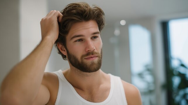 A man styling his hair with matte pomade in a contemporary loft bathroom, checking shape and volume in a fog-free mirror — grooming products, men’s hair styling, and urban lifestyle imagery.