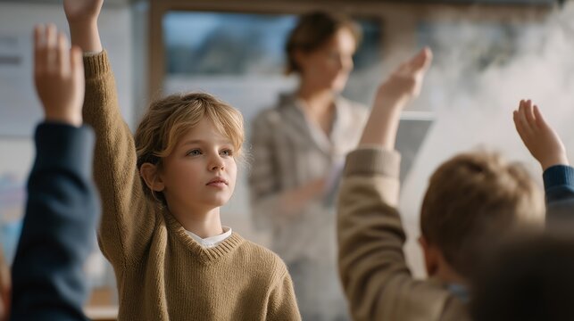 A classroom CO₂ indicator rising into the yellow zone, prompting students to open windows while their teacher checks ventilation guidelines on a tablet — indoor air quality awareness, safe learning