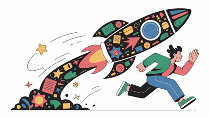 A person running alongside a rocket taking off, symbolizing business launch and rapid growth.