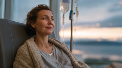 A patient sitting peacefully by a large hospital window, IV stand beside them, watching the sunrise as a symbol of new beginnings during long-term recovery — quiet resilience, healing atmosphere,
