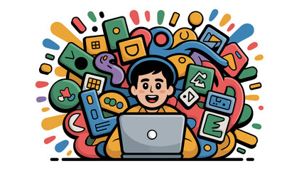 A cheerful person working on a laptop surrounded by a vibrant, colorful doodle of digital icons and abstract shapes, representing creativity and technology.