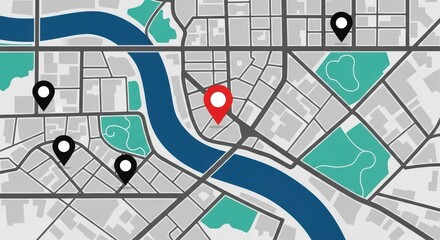 Fototapeta premium Navigating urban landscapes digital map with location markers and blue river overlay for navigation and exploration