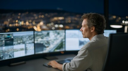 A nighttime rendering of a smart city grid powered by renewable energy, planners examining dashboards showing real-time energy consumption and microgrid performance — sustainable urban energy