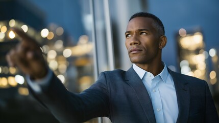 A business professional reviewing a major decision while staring at their reflection in a glass office wall, skyline glowing behind them — corporate introspection, leadership mindset, and modern