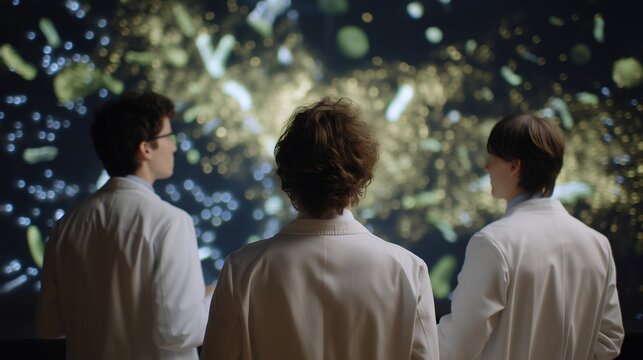 A medical team reviewing microbiome results on a wall-sized digital dashboard, bacterial populations displayed like dynamic constellations — clinical innovation, big-data microbiology, and