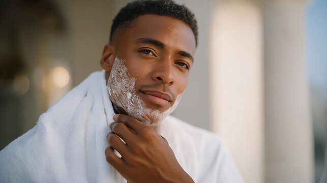 A man shaving with a classic safety razor, thick lather on his cheeks and warm towel draped around his neck — traditional grooming ritual, vintage shaving style, and morning routine comfort. - Powered by Adobe