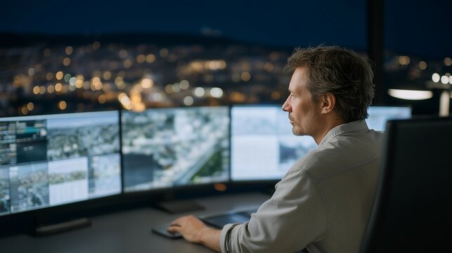 A nighttime rendering of a smart city grid powered by renewable energy, planners examining dashboards showing real-time energy consumption and microgrid performance — sustainable urban energy
