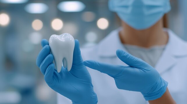 A close-up of a sparkling white tooth model held by a dental hygienist wearing blue gloves, used to demonstrate proper brushing and flossing techniques — preventive dental education, oral hygiene