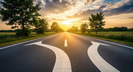 Road fork towards sunrise symbolizing business decisions future choices opportunity growth and new beginnings