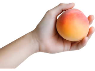 A hand gently holding a ripe peach, isolated on transparent background, ideal for natural product presentations, wellness visuals, and food-themed designs.