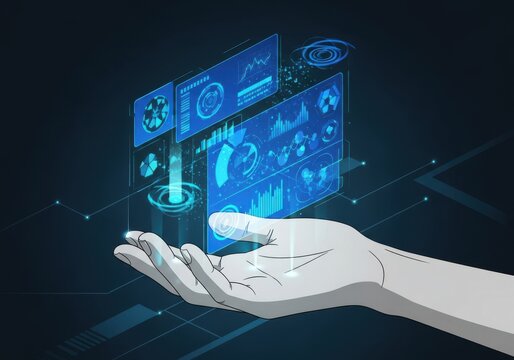 Futuristic holographic interface displayed above robot hand isolated on white background