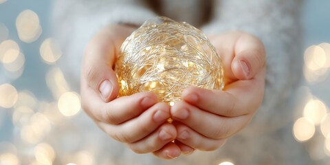Close-up of a child’s hands gently holding a glowing decorative light ball. The warm golden tones and soft background create a cozy and magical holiday feeling.
