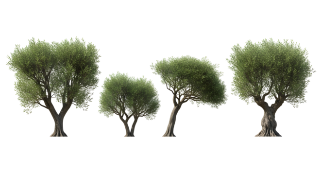 Collection of four diverse olive trees with dense green foliage on a white background