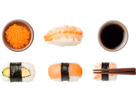 Minimalist set of sushi pieces and ingredients, isolated on transparent background, great for menu designs, food branding, and clean modern culinary visuals. - Powered by Adobe