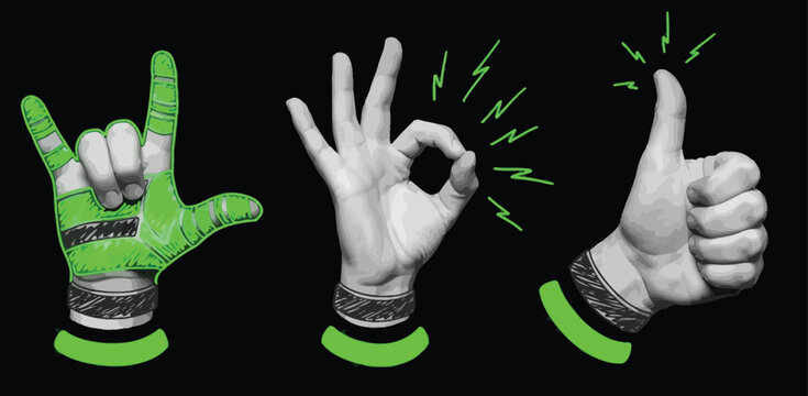 Creative collage set of positive hand gestures like rock on, thumbs up, and okay sign, isolated on black with neon green graphic elements. 15