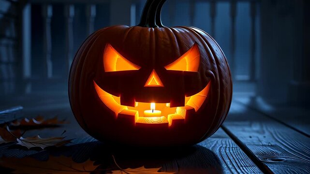 Spooky glowing jack-o-lantern pumpkin with a flickering candle on a wooden porch at night, featuring autumn leaves and blue moonlight in a cinematic Halloween background.