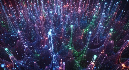 Abstract glowing particles and light trails in dark nebula background