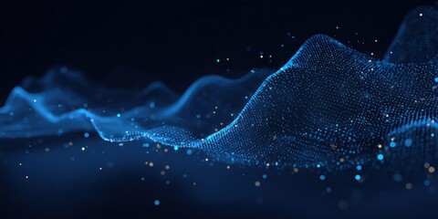 Abstract digital artwork, a flowing wave of blue and gold particles on dark background