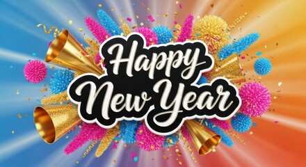 Happy new year greeting card with colorful pom poms, confetti, and golden party horns against a vibrant background