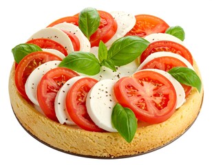 Circular appetizer with tomato and mozzarella slices, garnished with fresh basil on a pale yellow base