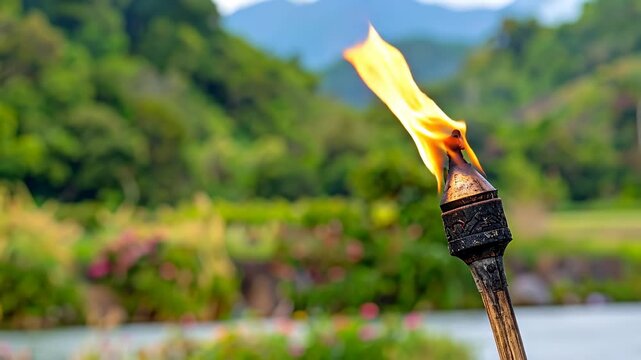Tiki Torch Flame Dancing in Lush Greenery, Creating a Tropical Ambiance