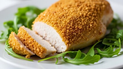 Sliced Breaded Chicken Breast with Fresh Arugula on White Plate Keywords: chicken breast, breaded
