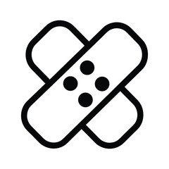 Black and white icon of two crossed adhesive bandages for first aid and injury treatment isolated on