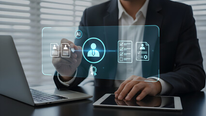 "Business Professional Using Laptop with Floating AI and HR Interface Icons — Recruitment Automation, Employee Analytics and Digital HR Management"

