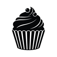 Black and white silhouette icon of a cupcake with frosting and two berries isolated on