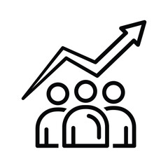 Line graph showing upward trend above group of three people icon isolated on