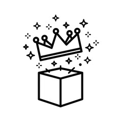 Line art icon of a magical crown emerging from an open gift box with sparkles